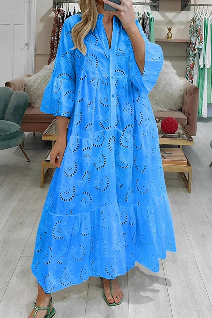 Dames Maxi Jurk met Broderie en V-hals en Driekwart Mouw Blauw