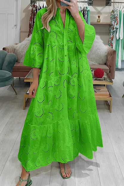 Dames Maxi Jurk met Broderie en V-hals en Driekwart Mouw