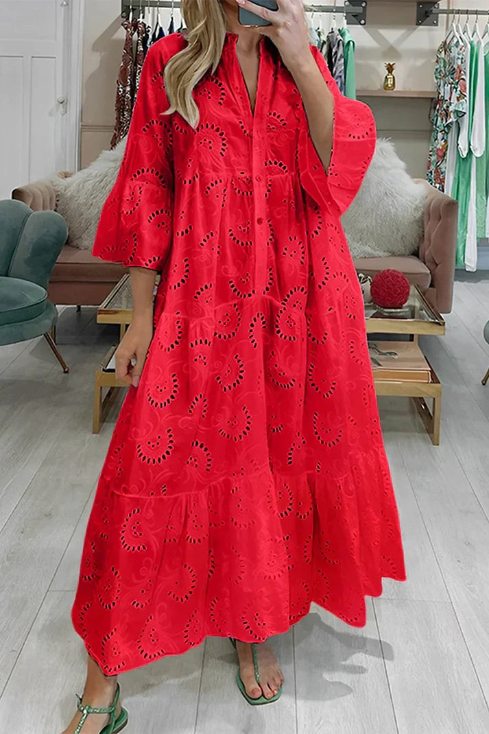 Dames Maxi Jurk met Broderie en V-hals en Driekwart Mouw