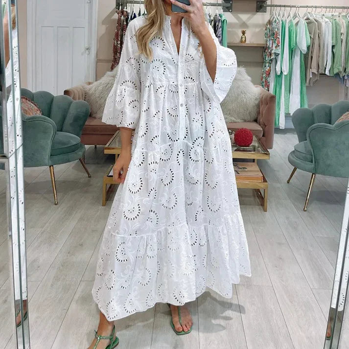 Dames Maxi Jurk met Broderie en V-hals en Driekwart Mouw