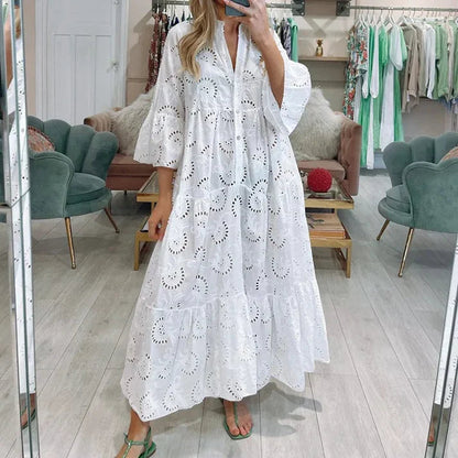Dames Maxi Jurk met Broderie en V-hals en Driekwart Mouw