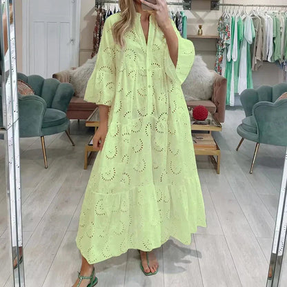 Dames Maxi Jurk met Broderie en V-hals en Driekwart Mouw