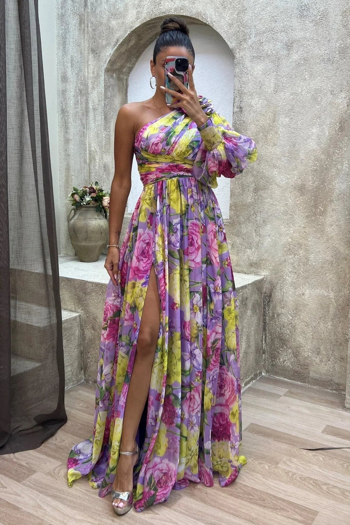 Dames Maxi Jurk met Één Schouder, Bloemprint en Beensplijtje