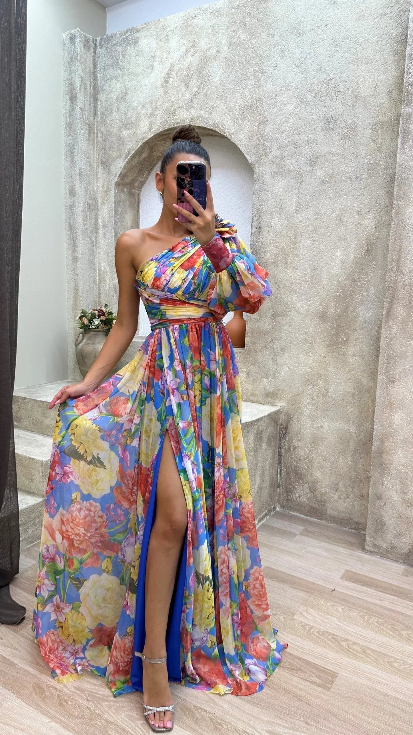 Dames Maxi Jurk met Één Schouder, Bloemprint en Beensplijtje