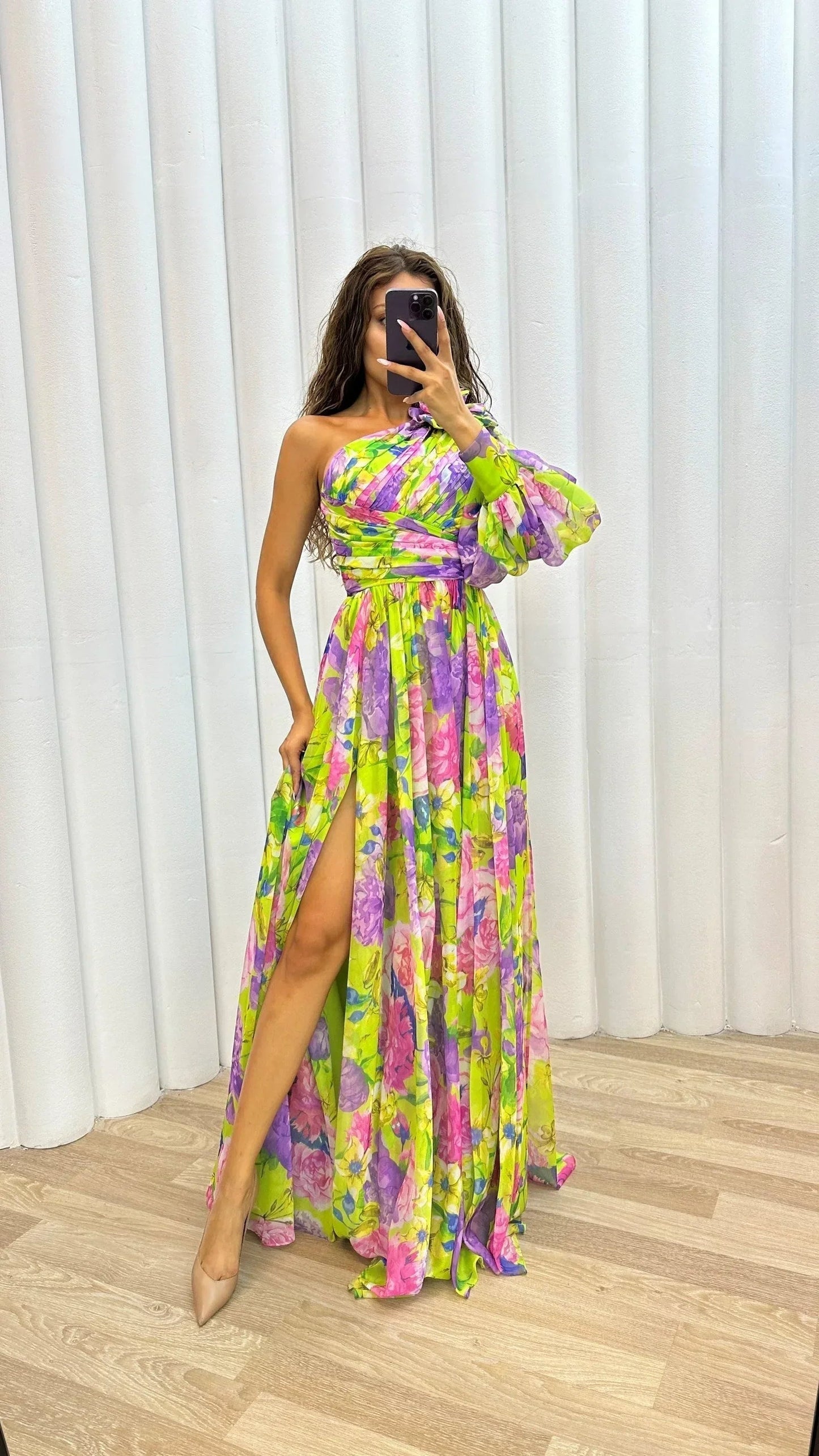 Dames Maxi Jurk met Één Schouder, Bloemprint en Beensplijtje