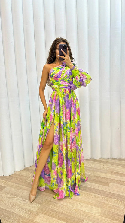 Dames Maxi Jurk met Één Schouder, Bloemprint en Beensplijtje