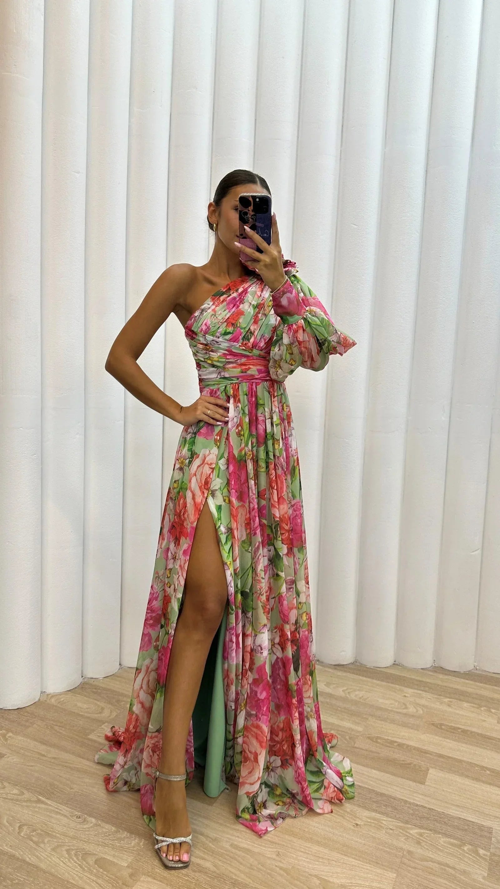 Dames Maxi Jurk met Één Schouder, Bloemprint en Beensplijtje