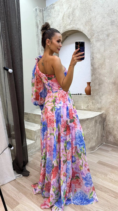 Dames Maxi Jurk met Één Schouder, Bloemprint en Beensplijtje