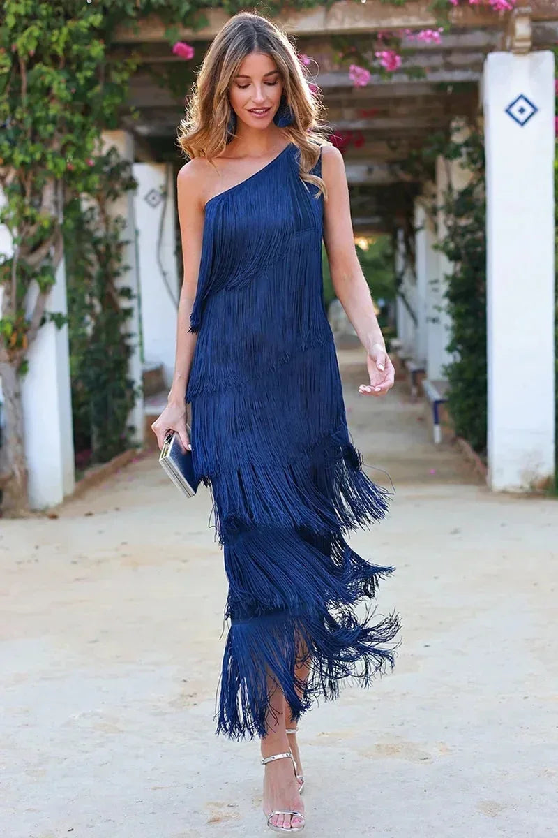 Dames Maxi Jurk met Één Schouder en Gelaagde Franjes Blauw
