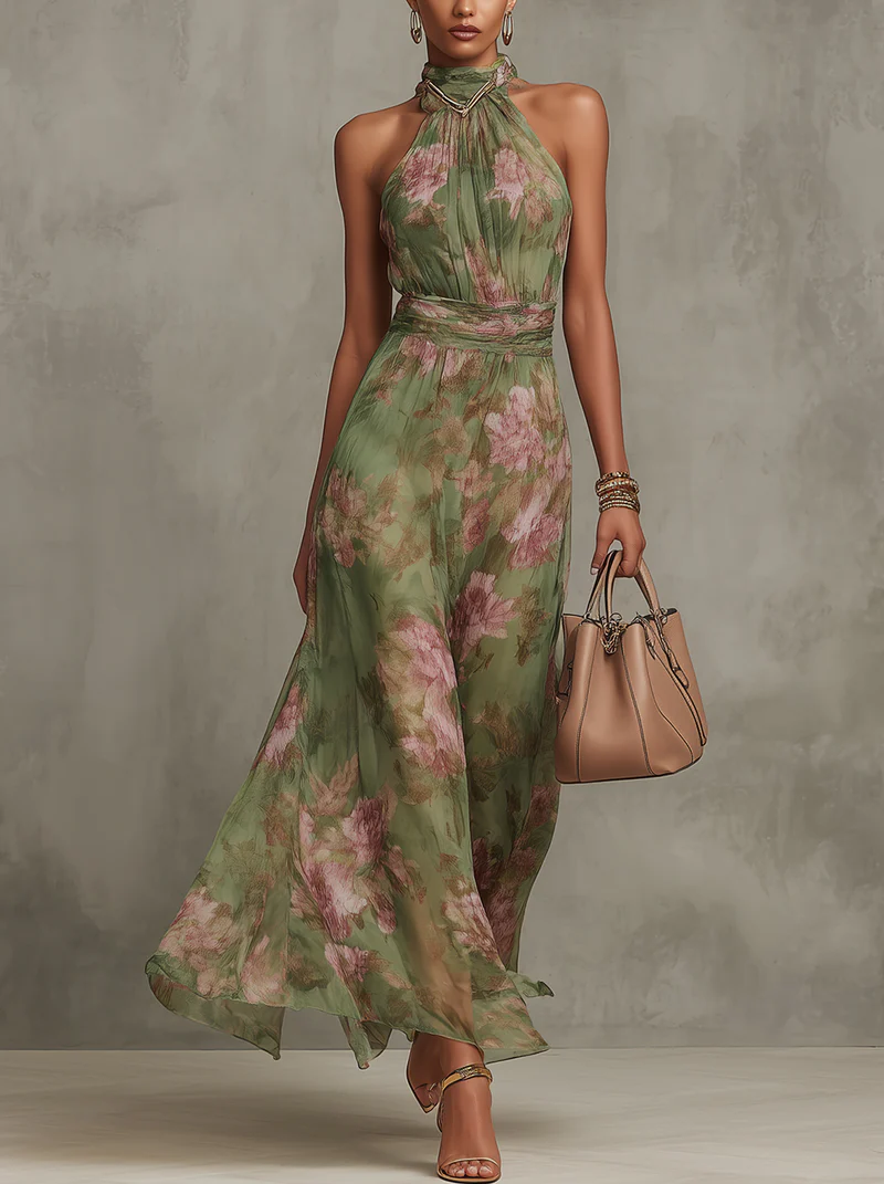 Dames Maxi Jurk met Halternek en Bloemenprint Groen