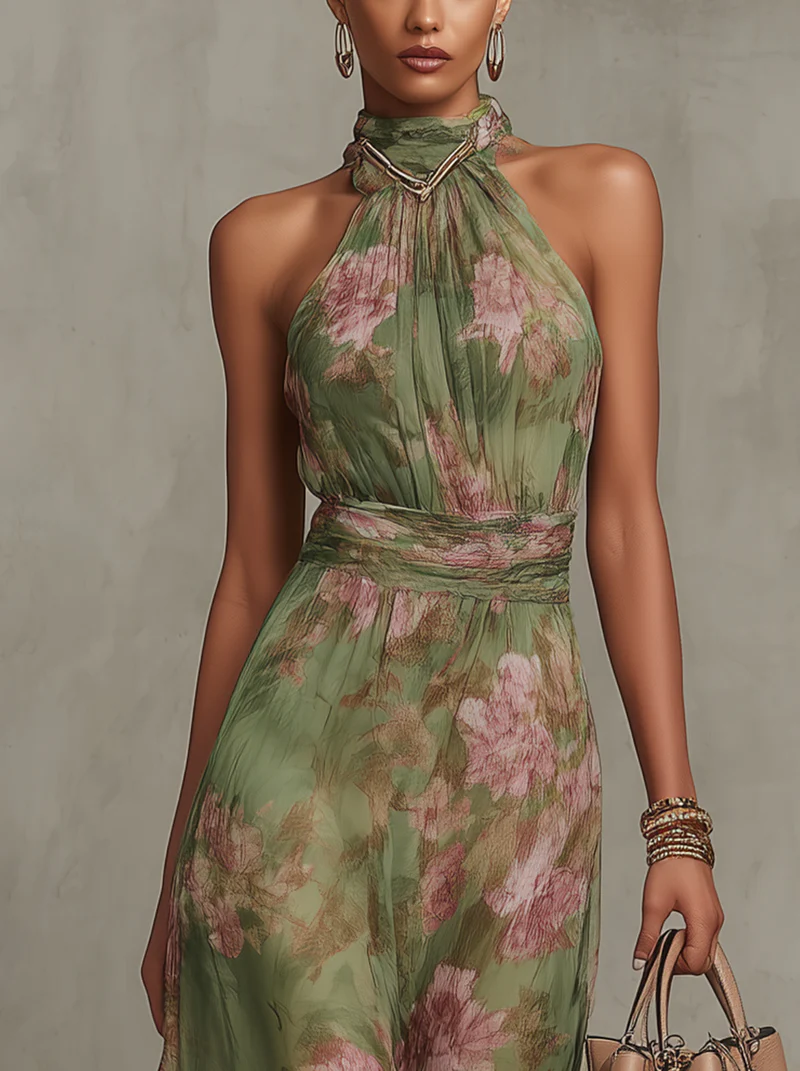 Dames Maxi Jurk met Halternek en Bloemenprint