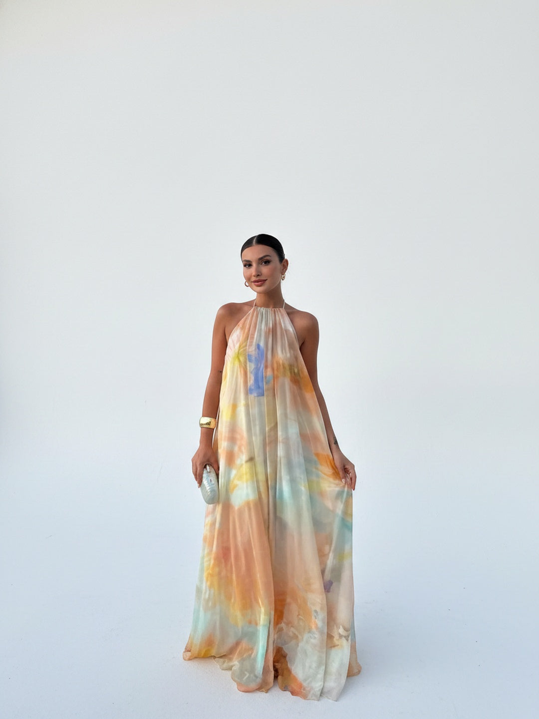 Dames Maxi Jurk met Halternek en Open Rug Tie-dye Print