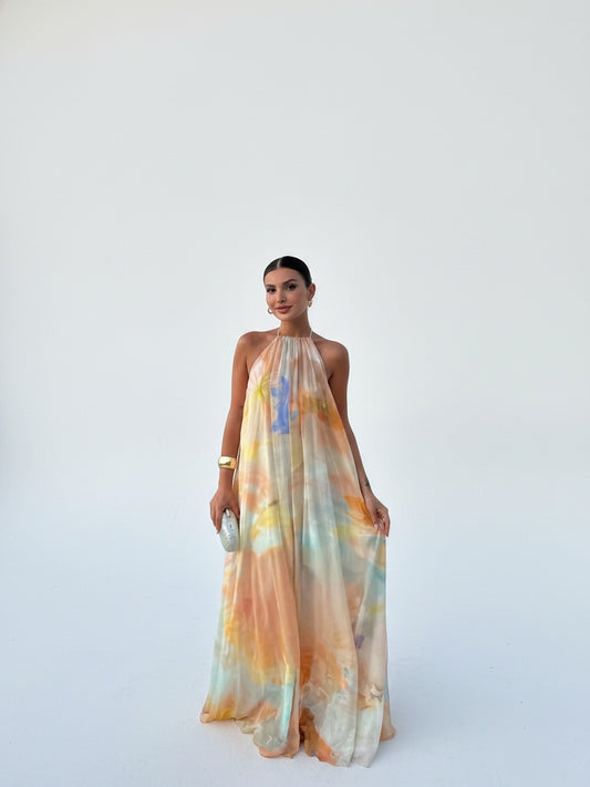 Dames Maxi Jurk met Halternek en Open Rug Tie-dye Print