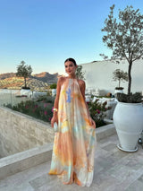 Dames Maxi Jurk met Halternek en Open Rug Tie-dye Print