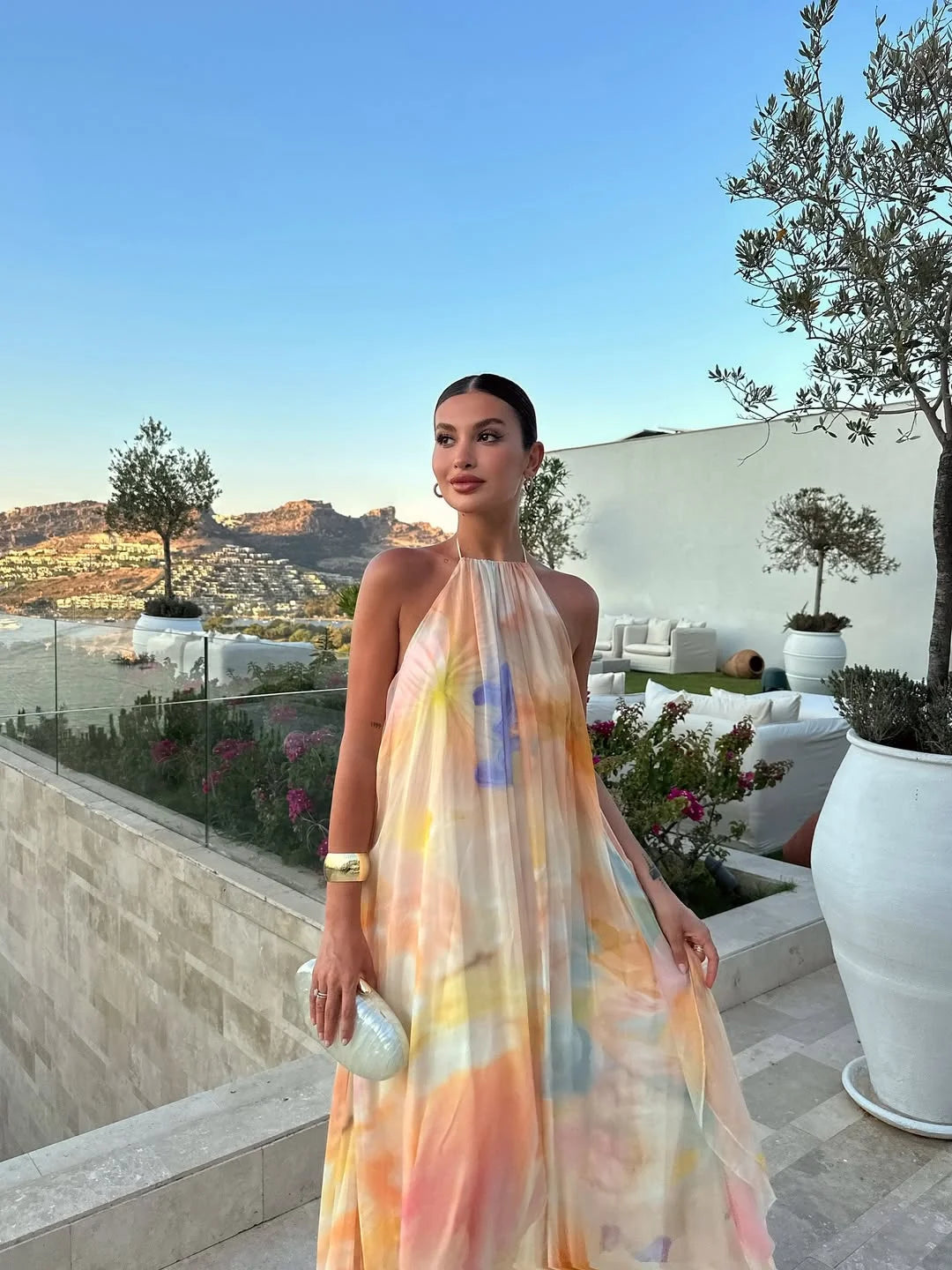 Dames Maxi Jurk met Halternek en Open Rug Tie-dye Print