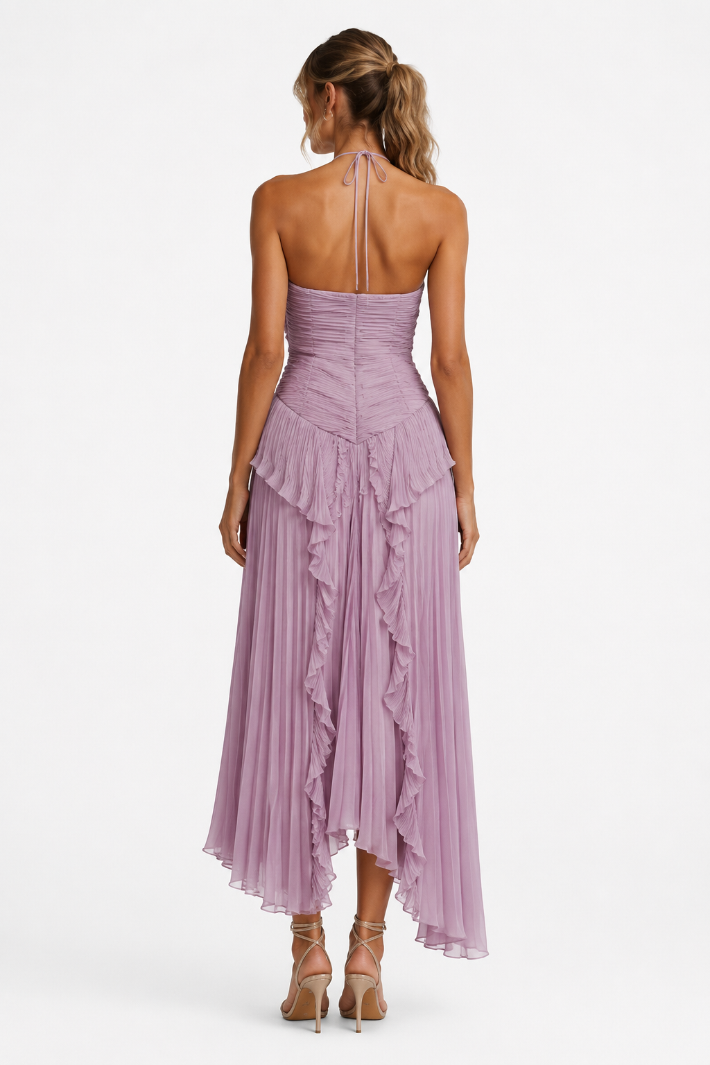 Dames Maxi Jurk met Halternek, Micro-plissé en Cascerende Volants