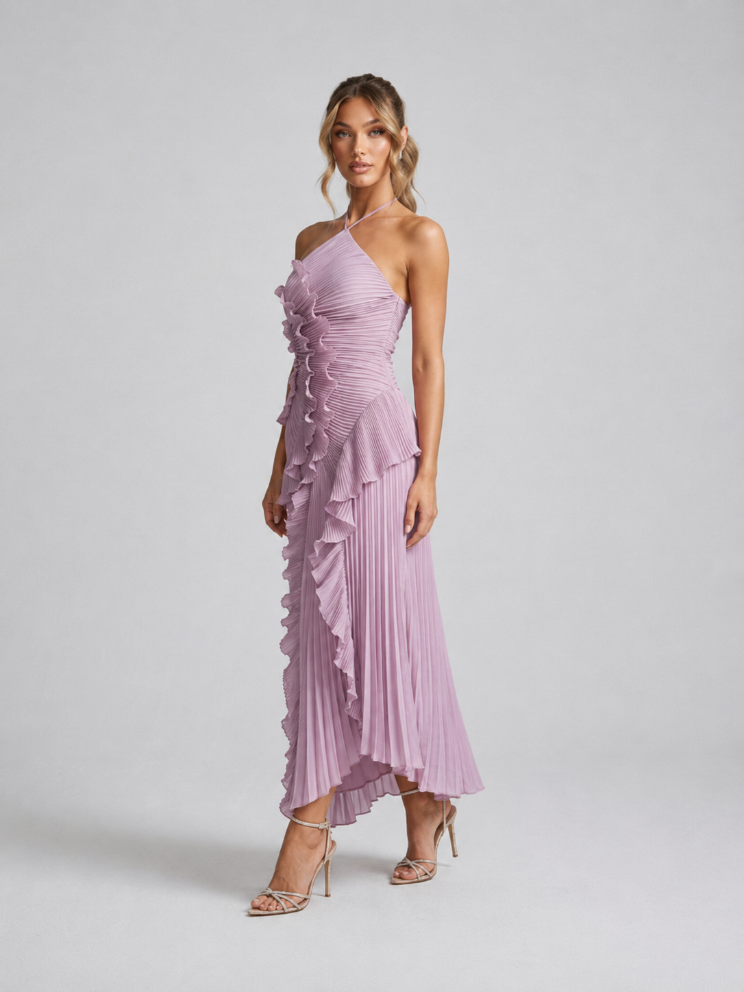 Dames Maxi Jurk met Halternek, Micro-plissé en Cascerende Volants