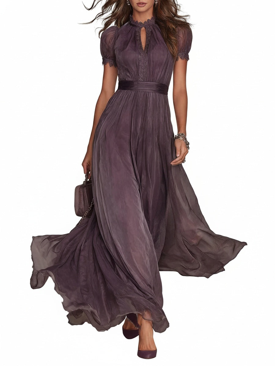 Dames Maxi Jurk met Kanten Details, Sleutelgat en Hoge Hals