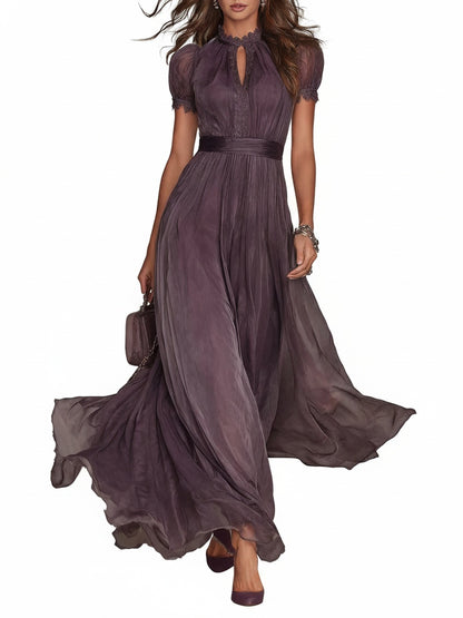 Dames Maxi Jurk met Kanten Details, Sleutelgat en Hoge Hals