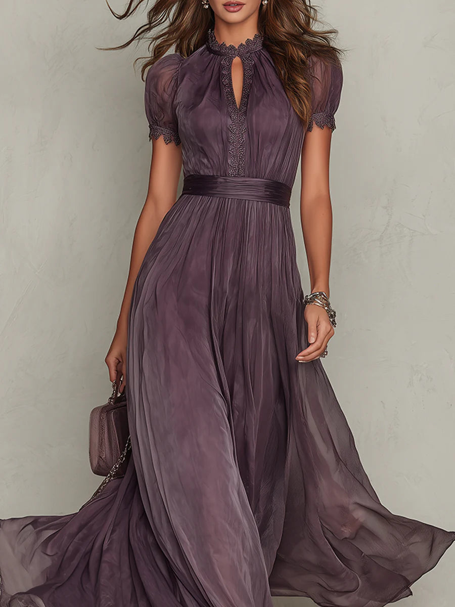 Dames Maxi Jurk met Kanten Details, Sleutelgat en Hoge Hals