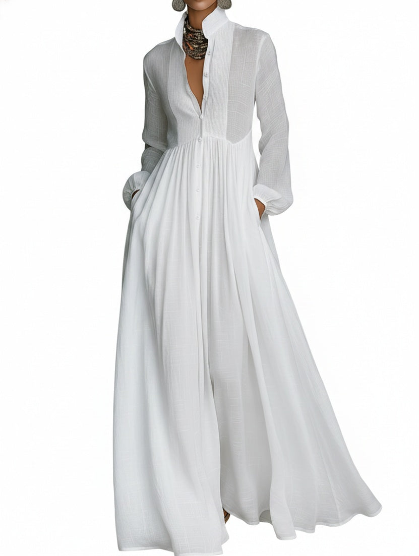 Dames Maxi Jurk met Knoopsluiting en Lange Mouwen