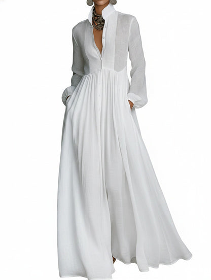 Dames Maxi Jurk met Knoopsluiting en Lange Mouwen