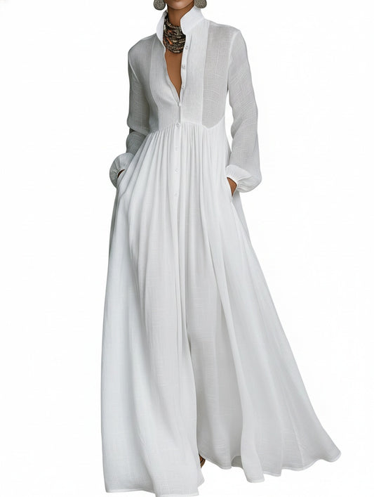 Dames Maxi Jurk met Knoopsluiting en Lange Mouwen
