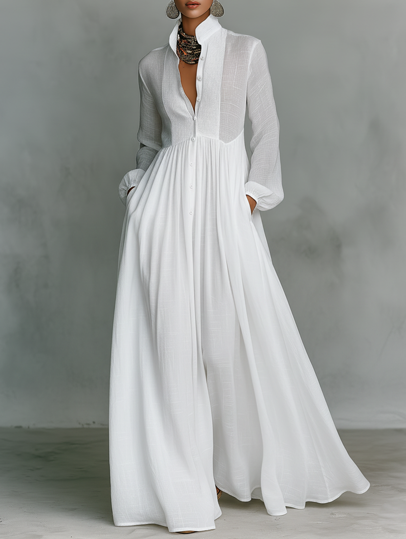 Dames Maxi Jurk met Knoopsluiting en Lange Mouwen Wit