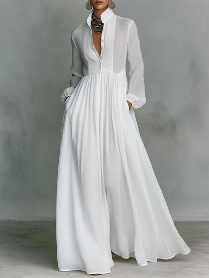 Dames Maxi Jurk met Knoopsluiting en Lange Mouwen Wit