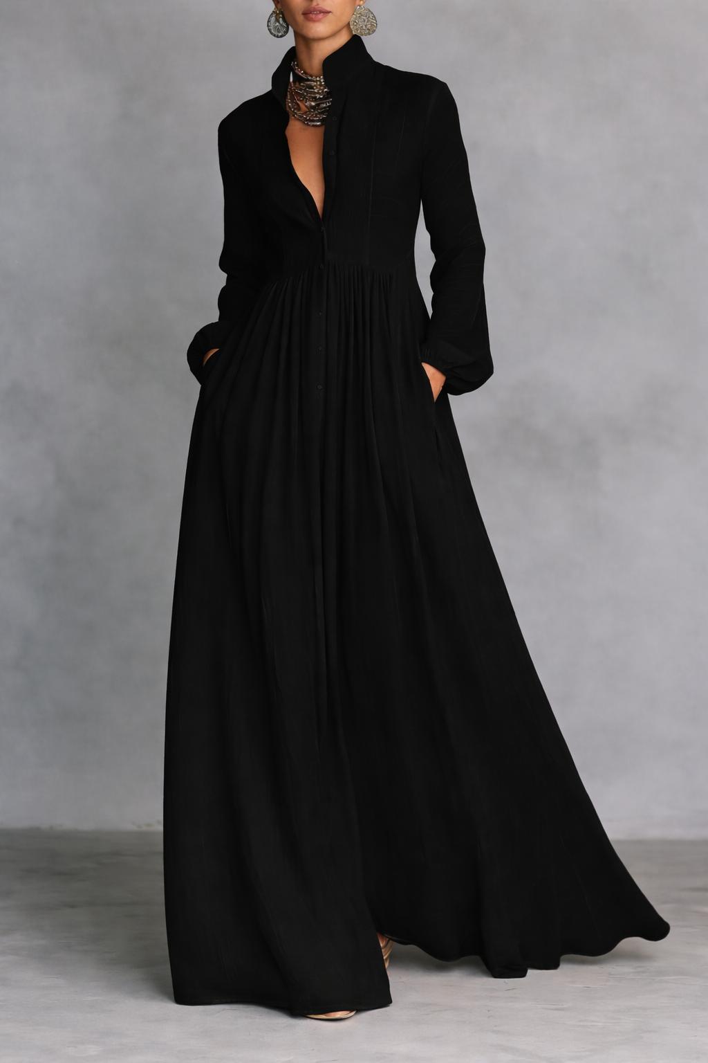 Dames Maxi Jurk met Knoopsluiting en Lange Mouwen Zwart
