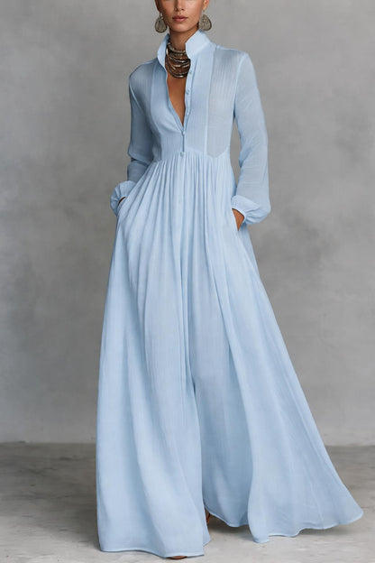 Dames Maxi Jurk met Knoopsluiting en Lange Mouwen Blauw