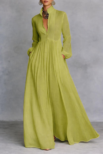 Dames Maxi Jurk met Knoopsluiting en Lange Mouwen Groen