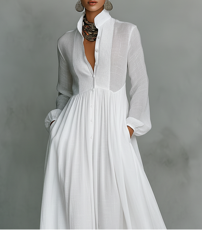 Dames Maxi Jurk met Knoopsluiting en Lange Mouwen