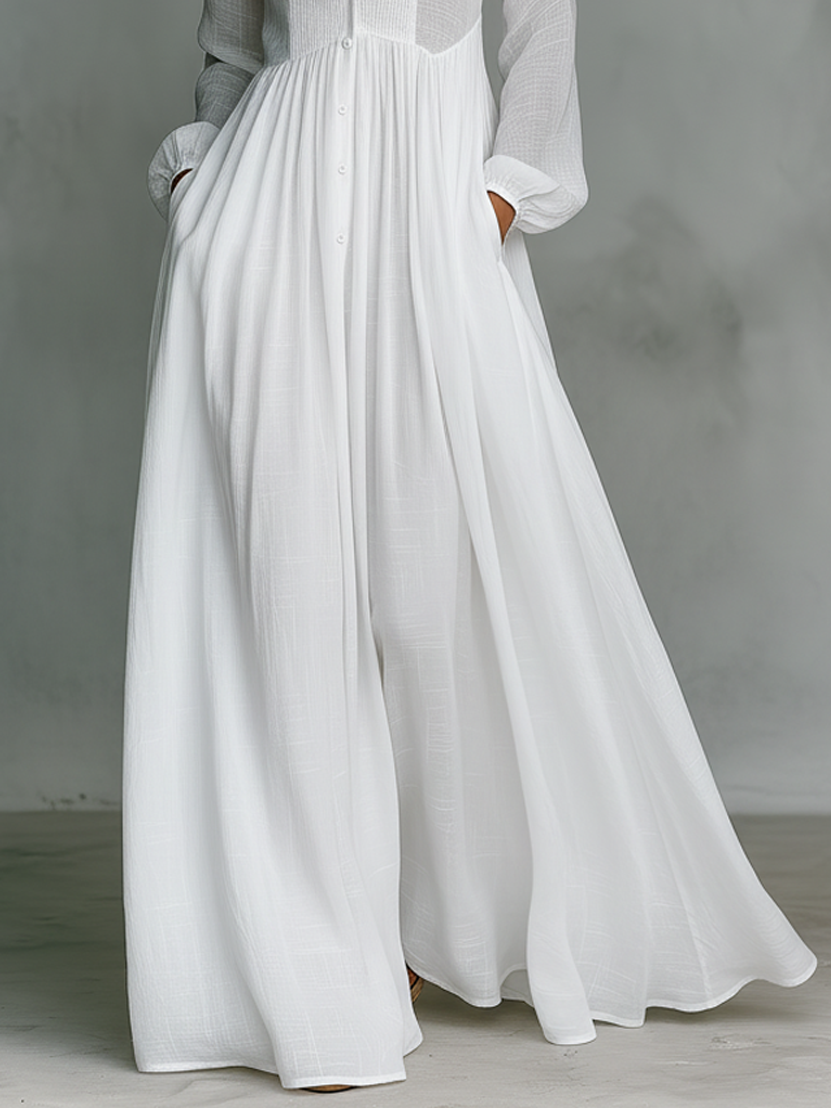 Dames Maxi Jurk met Knoopsluiting en Lange Mouwen