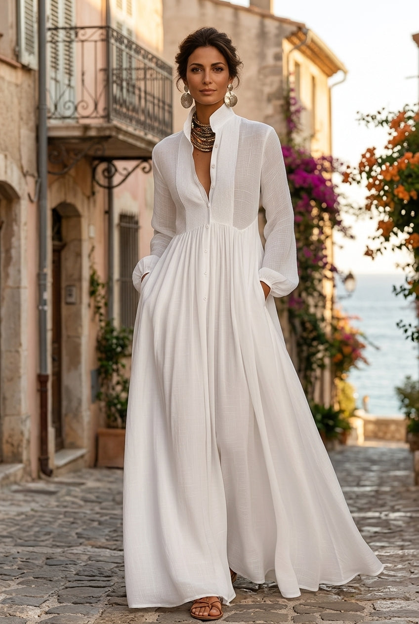 Dames Maxi Jurk met Knoopsluiting en Lange Mouwen