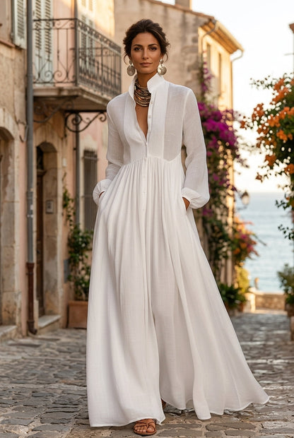 Dames Maxi Jurk met Knoopsluiting en Lange Mouwen