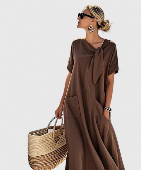 Dames Maxi Jurk met Korte Mouwen, Strikdetail en Zakken Bruin
