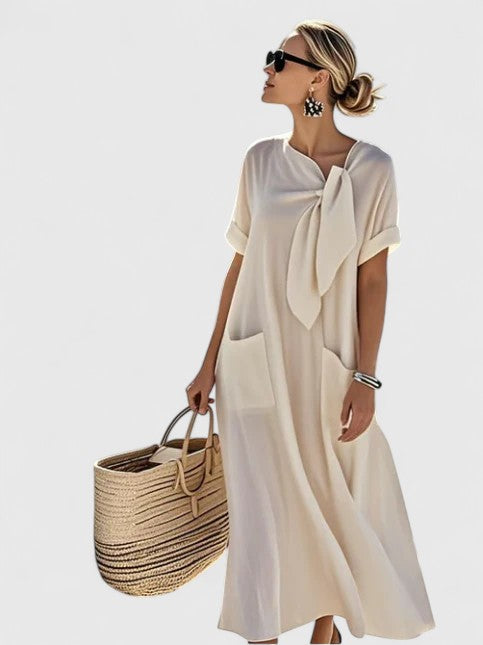 Dames Maxi Jurk met Korte Mouwen, Strikdetail en Zakken Beige