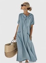 Dames Maxi Jurk met Korte Mouwen, Strikdetail en Zakken