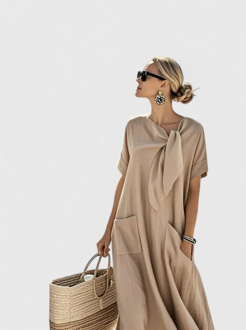 Dames Maxi Jurk met Korte Mouwen, Strikdetail en Zakken Khaki