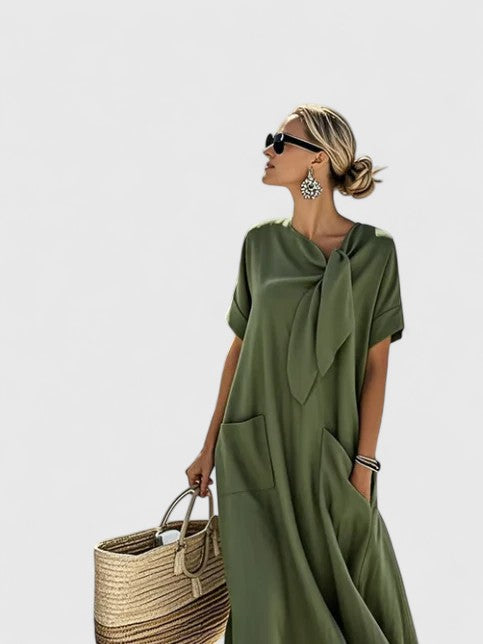 Dames Maxi Jurk met Korte Mouwen, Strikdetail en Zakken Legergroen