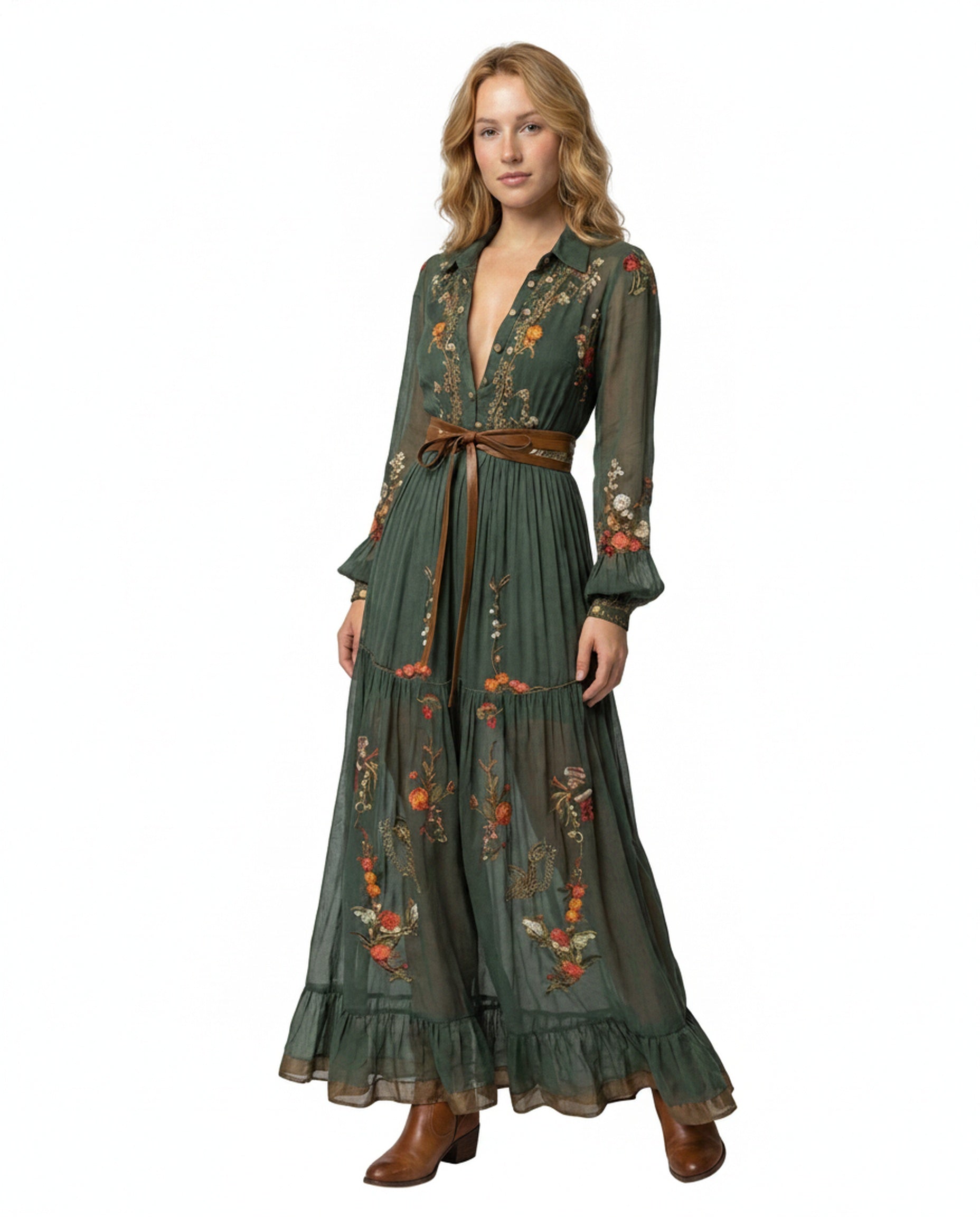 Dames Maxi Jurk met Lange Mouwen, Diepe V-hals en Bloemenborduursels