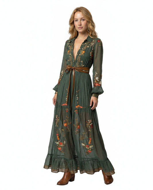 Dames Maxi Jurk met Lange Mouwen, Diepe V-hals en Bloemenborduursels