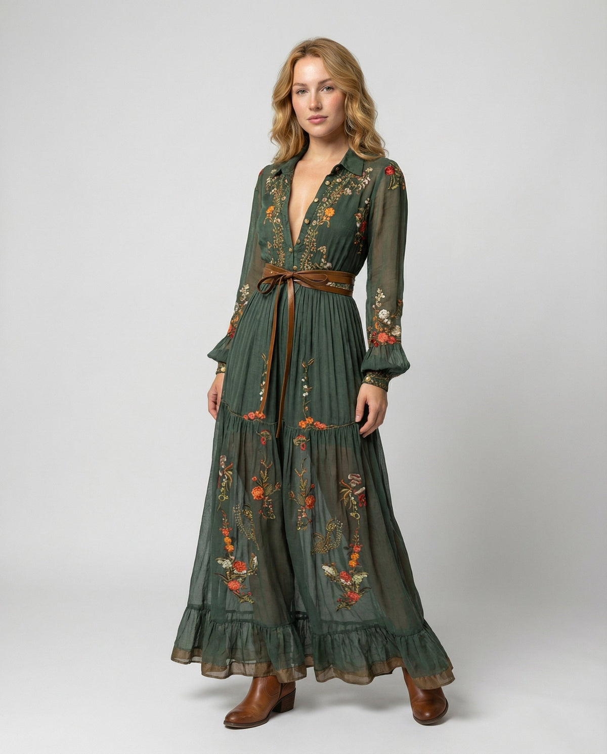 Dames Maxi Jurk met Lange Mouwen, Diepe V-hals en Bloemenborduursels Groen