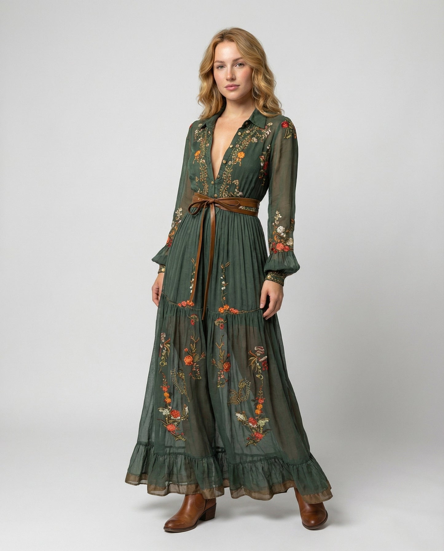 Dames Maxi Jurk met Lange Mouwen, Diepe V-hals en Bloemenborduursels Groen