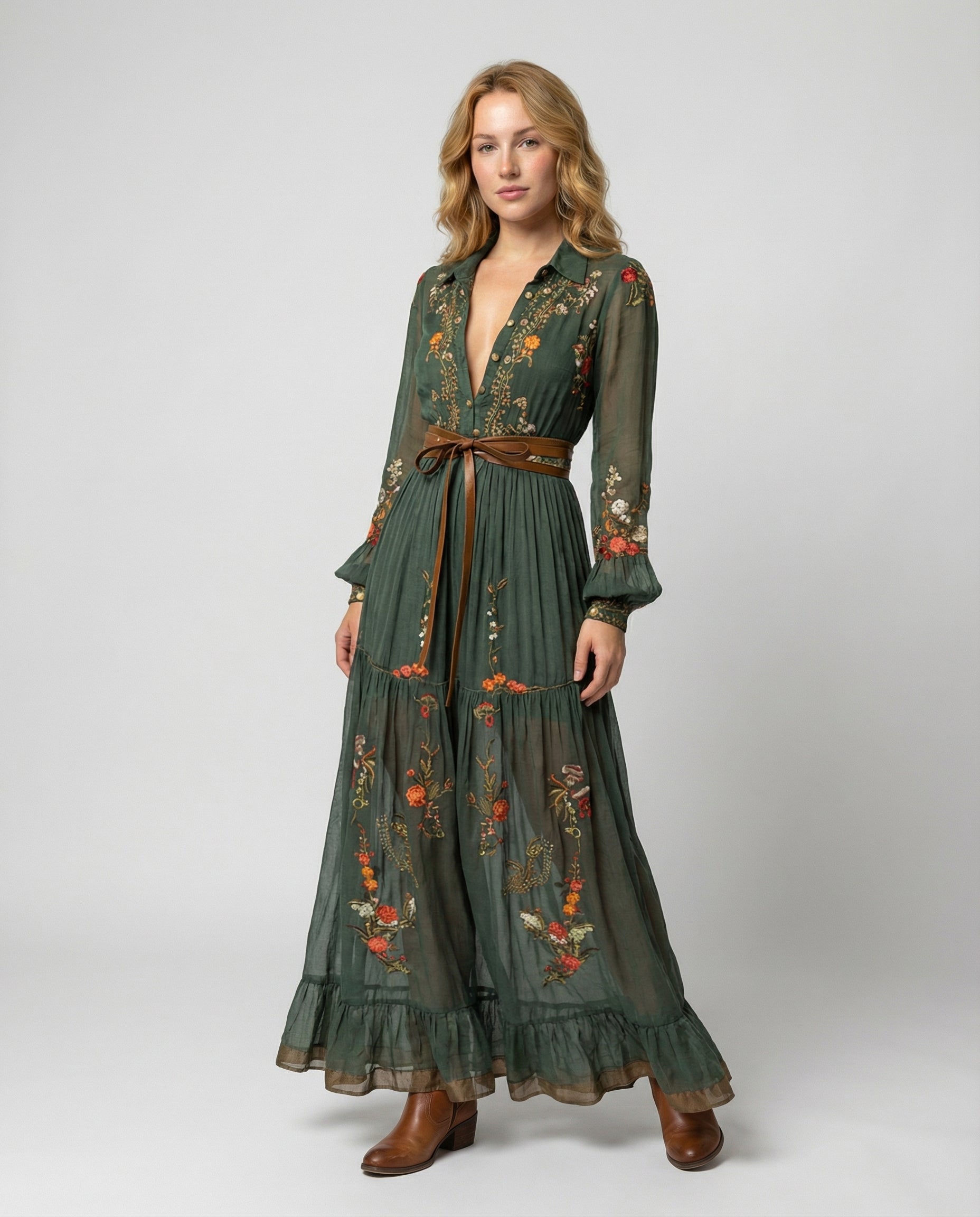 Dames Maxi Jurk met Lange Mouwen, Diepe V-hals en Bloemenborduursels Groen