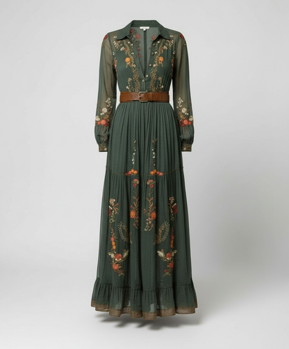 Dames Maxi Jurk met Lange Mouwen, Diepe V-hals en Bloemenborduursels