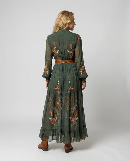 Dames Maxi Jurk met Lange Mouwen, Diepe V-hals en Bloemenborduursels