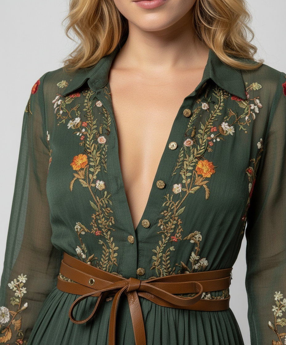 Dames Maxi Jurk met Lange Mouwen, Diepe V-hals en Bloemenborduursels