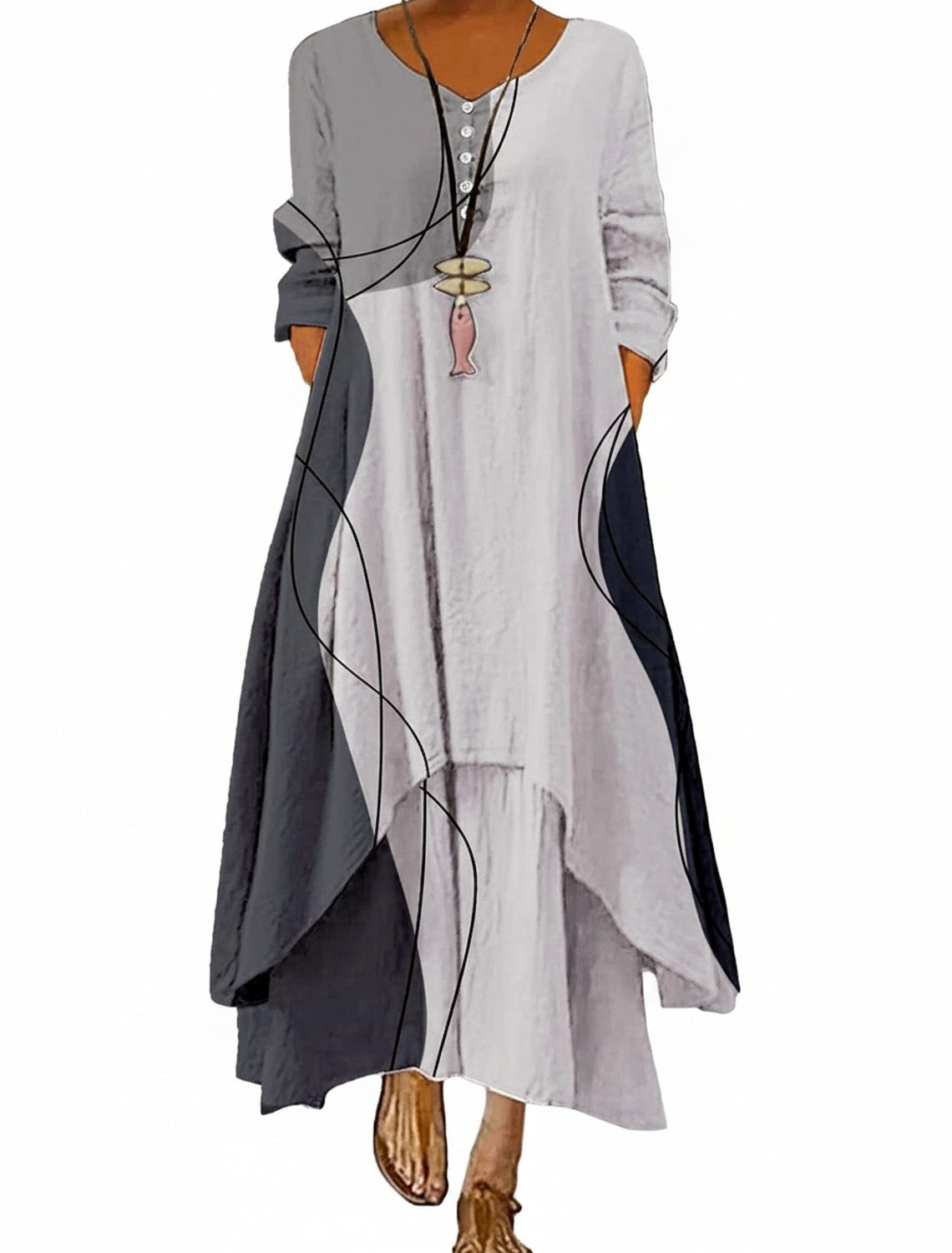Dames Maxi Jurk met Lange Mouwen, V-hals en Abstracte Print